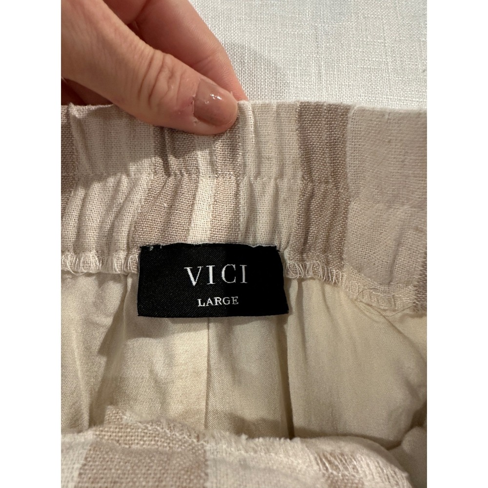 VICI Womens Large Tan White Striped Linen Blend Belted High‎ Rise Shorts - Picture 6 of 8